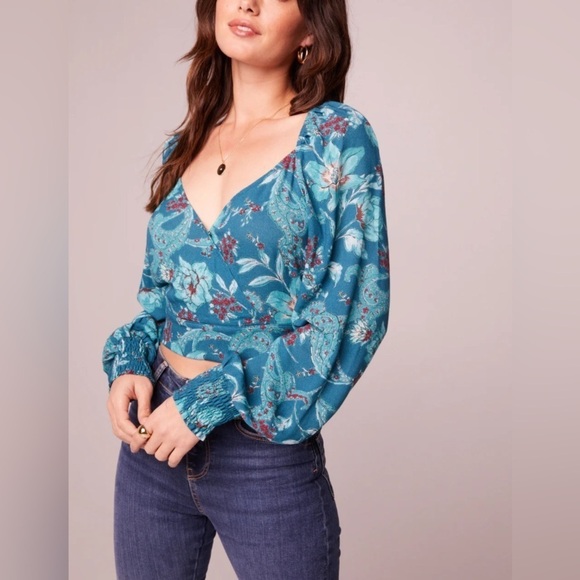 Band of Gypsies Tops - BOG Band of the Free SYBILLE Teal Floral Crossover Crop Top Womens Sz Large NWT